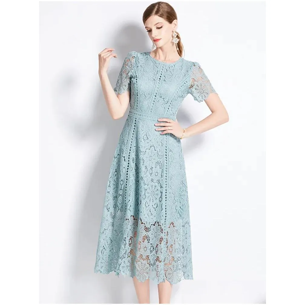 basic casual dresses french fashion lace hollow out long dress women summer short sleeve elegant mid-length high quality vestidos vintage high-end o-neck lace