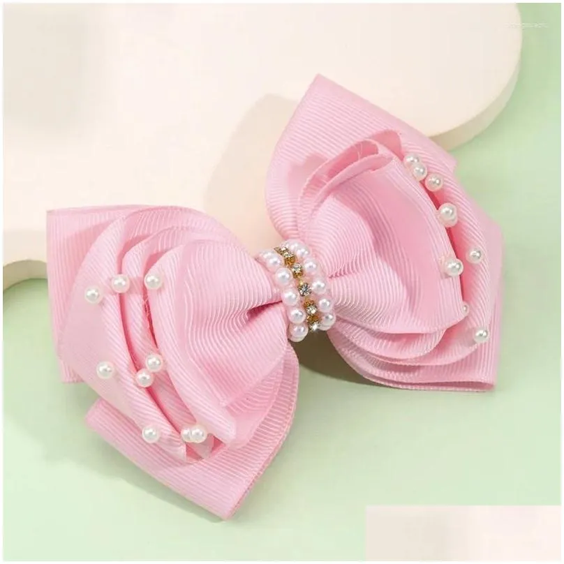 Hair Accessories Sweet Pearl Bow Clips Boutique Pink Rhinestone Bowknot Hairpins Girls Styling Tools Headwear Kids