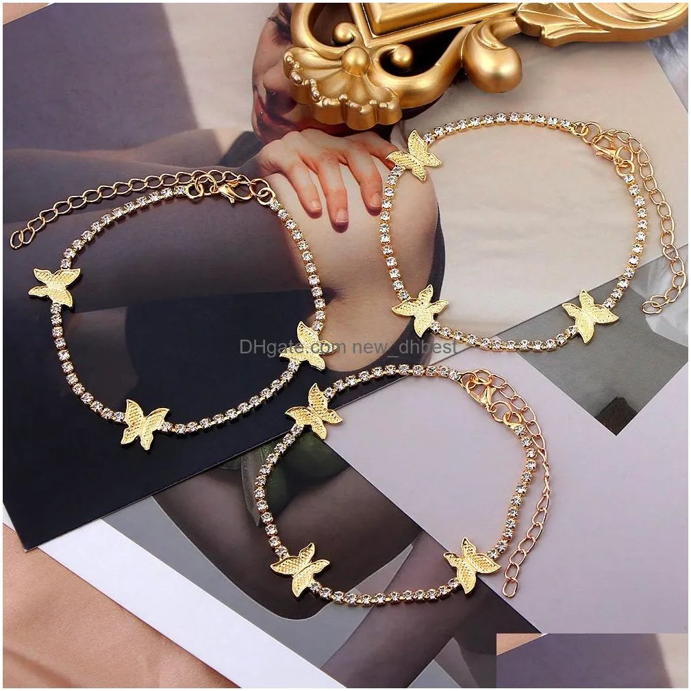 Anklets Trendy Shining Cute Butterfly Crystal Tennis Anklet For Women Gold Sier Color Boho Sandals Rhinestone Foot Ankle Chain Jewelry Dhbkd