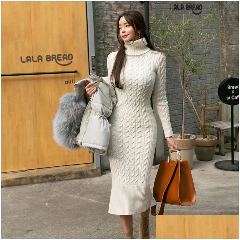 Basic & Casual Dresses Womens Sweater Dress Elegant Autumn Winter Y Slim Bodycon Dresses Turtleneck Solid Color Thick Warm Knit Plover Dhkvc