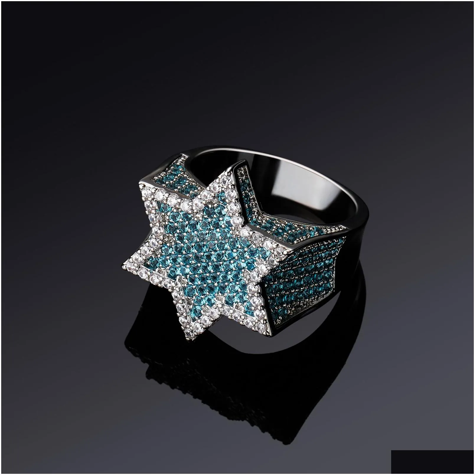  hexagon star silver color blue iced out cubic zircon with side stones rings micro paved diamond hip hop jewelry for gifts208b