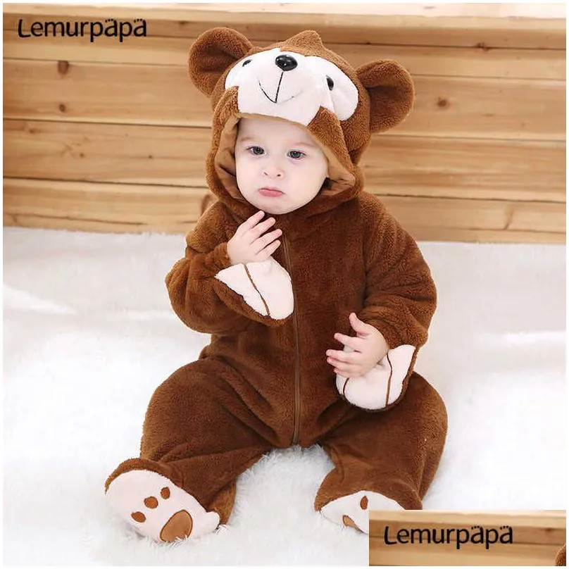 Baby Boy Girl Clothes Romper Onesie Newborn Cartoon Bear Costume Funny Rompers Flannel Warm Winter Infant Clothing 210911