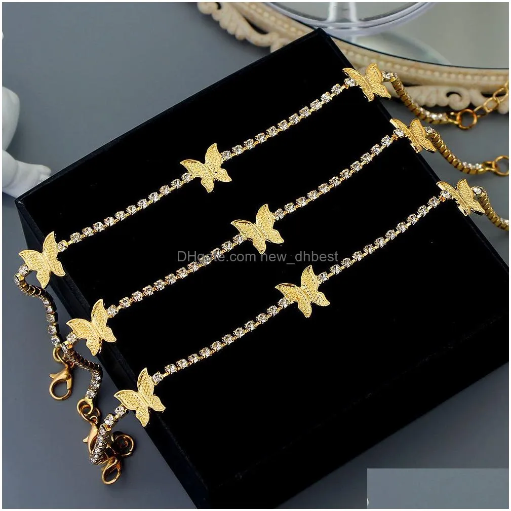 Anklets Trendy Shining Cute Butterfly Crystal Tennis Anklet For Women Gold Sier Color Boho Sandals Rhinestone Foot Ankle Chain Jewelry Dhbkd