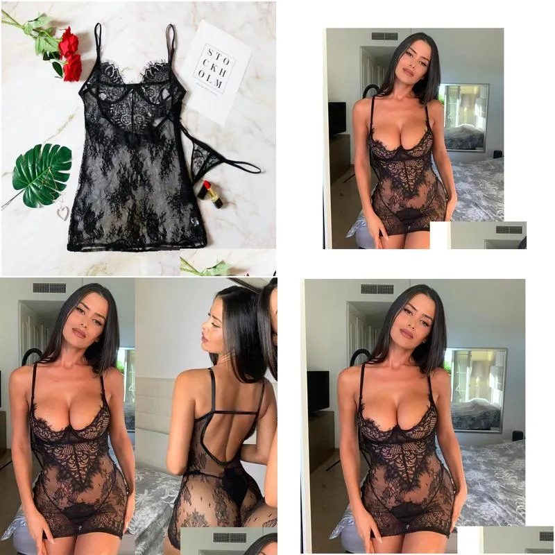Basic & Casual Dresses Y Perspective Black Lace Dresses Women Summer Backless Spaghetti Strap Dress Night Club Party Wear With Thong P Dhyfo