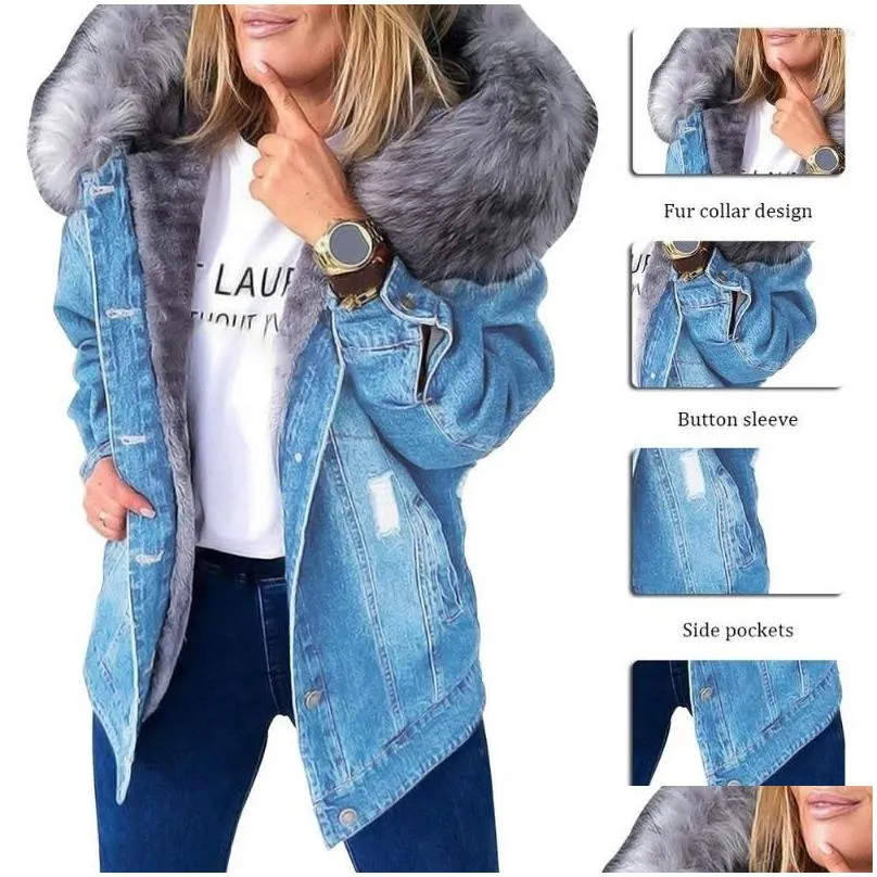 Women`S Jackets Womens Jackets Faux Fur Hooded Jean Jacket Woman Stylish Parka Retro Plush Collar Denim Coat Thick Long Sleeve Frayed Dhdjp