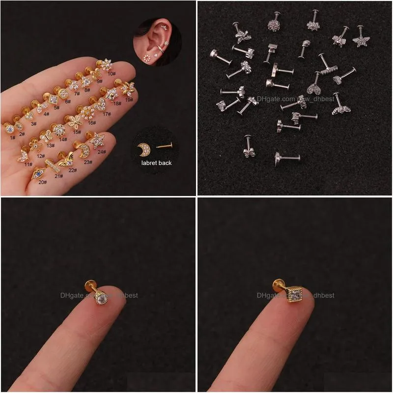 Stud Cz Cartilage Earring Flower Crown Heart Moon Lat Labret Back Ear Piercing Jewelry Helix Daith Conch Tragus Earrings Drop Delivery Dhpo6