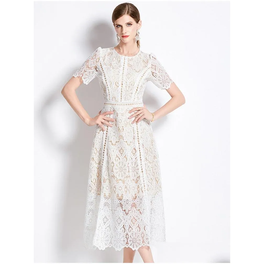 basic casual dresses french fashion lace hollow out long dress women summer short sleeve elegant mid-length high quality vestidos vintage high-end o-neck lace