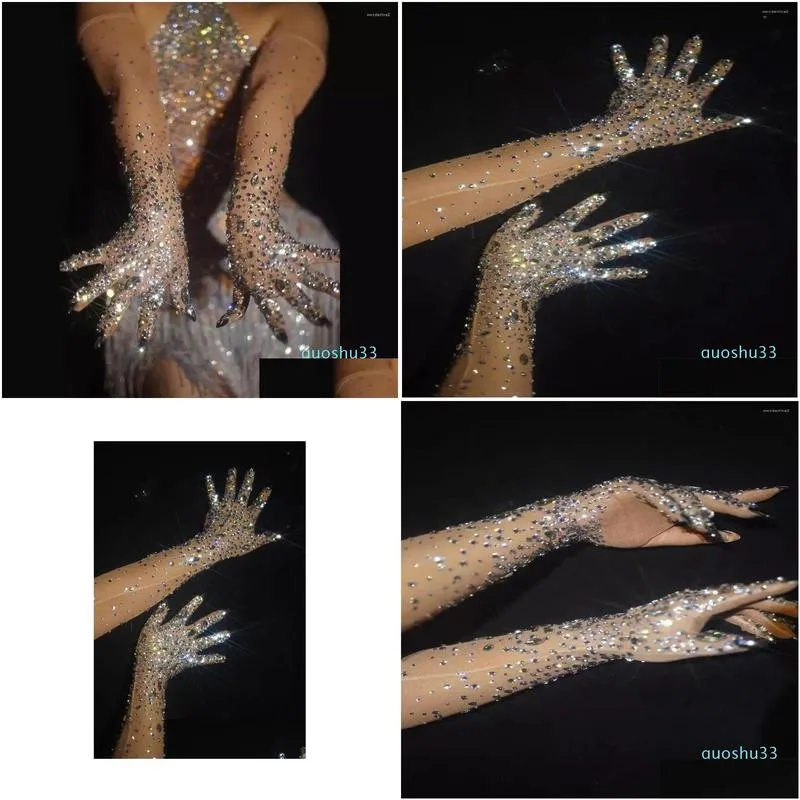 five fingers gloves women sparkly crystal mesh long dancer singer nightclub dance stage show accessories luxurious stretch rhinestones