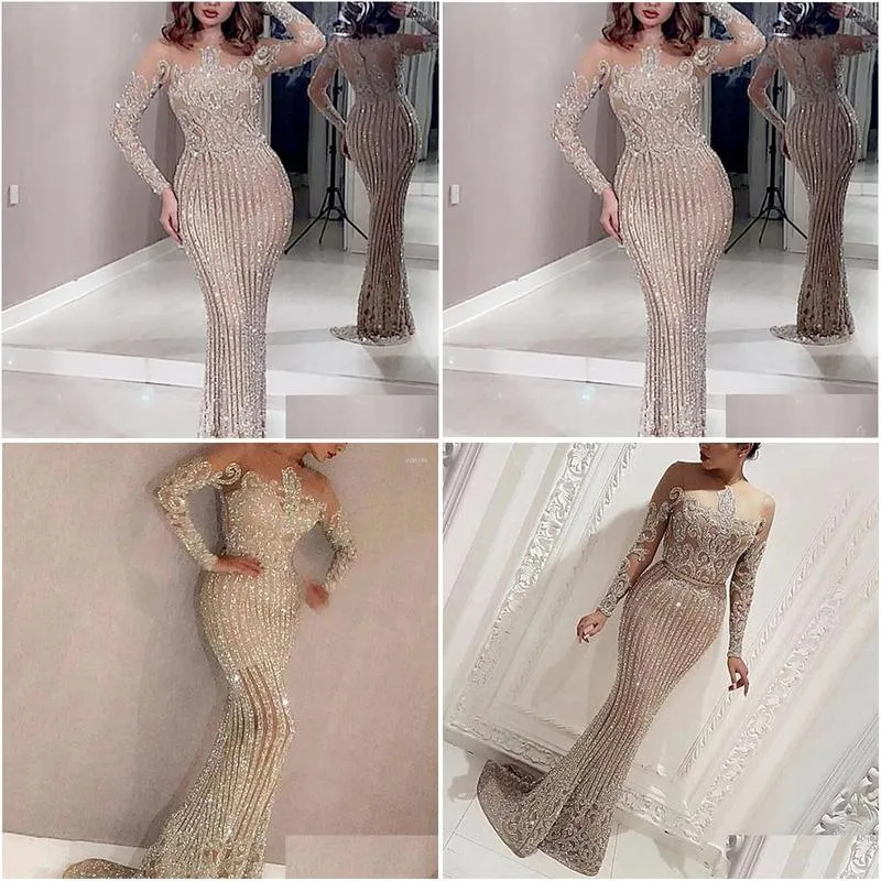 Basic & Casual Dresses Casual Dresses 2023 Woman Vintage Formal Dress Y O-Neck Sequins Gowns Hollow Long Sleeve Applique Elegant Merma Dh41S