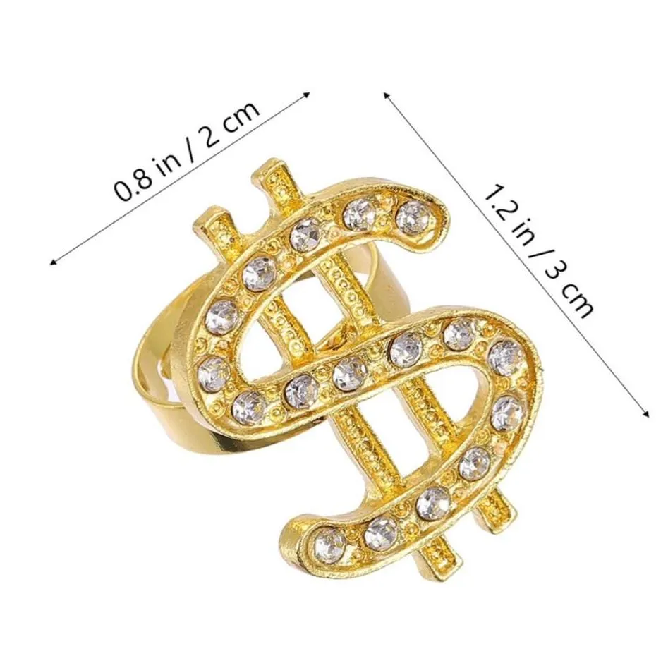 crystal dollar sign ring for men women costume accessories money symbol zirconia rinestone open gold rings hip hop rapper punk costume