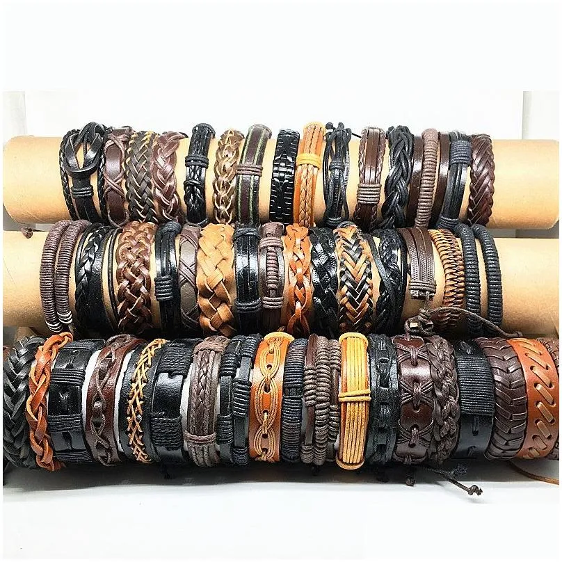 Cuff Wholesale 100Pcs/Lot Cuff Leather Bracelets Handmade Genuine Fashion Bracelet Bangles For Men Women Jewelry Mix Colors Drop Deliv Dhltw