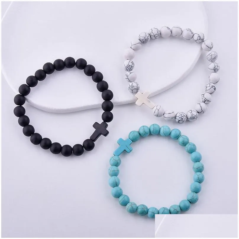 summer style cross charms beaded strand bracelets classic 8mm turquoise stone elastic friendship bracelet beach for women men jewelry