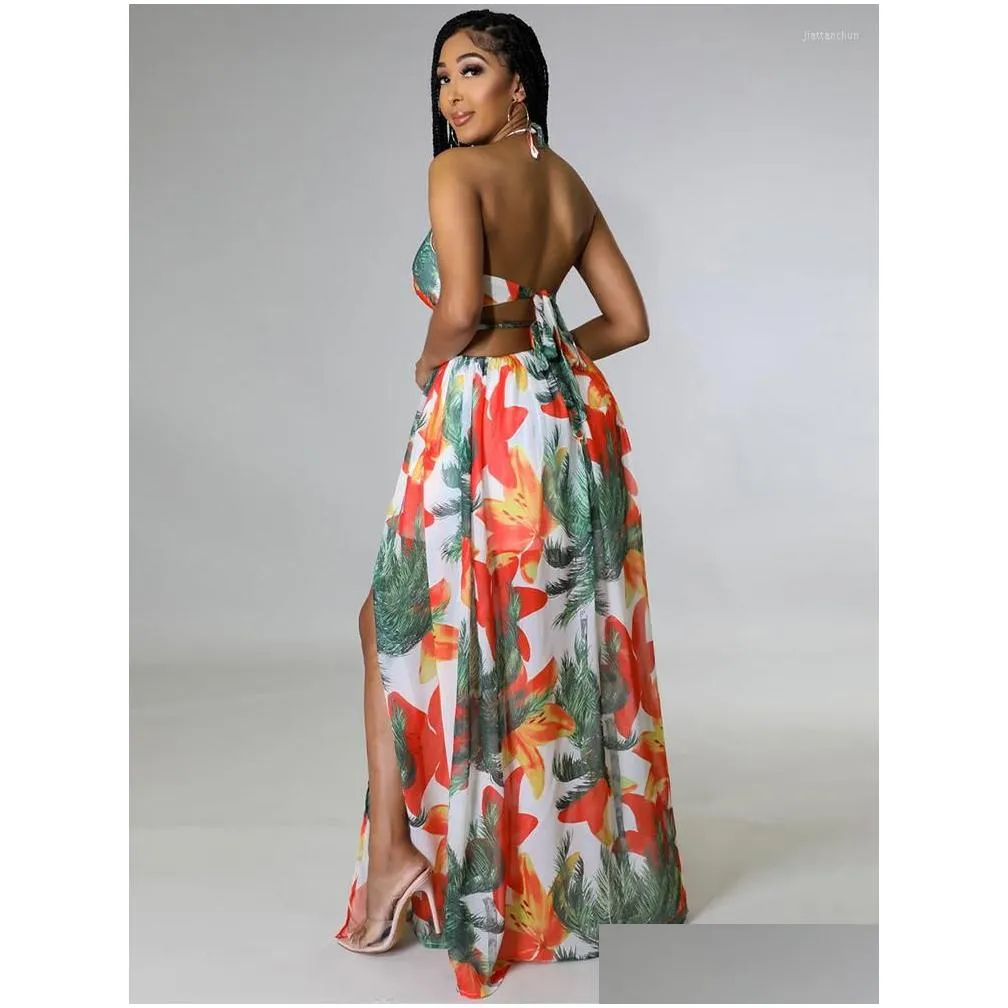 casual dresses floral print boho maxi for women 2022 summer halter backless high split holiday dress sexy cut out vacation clothes