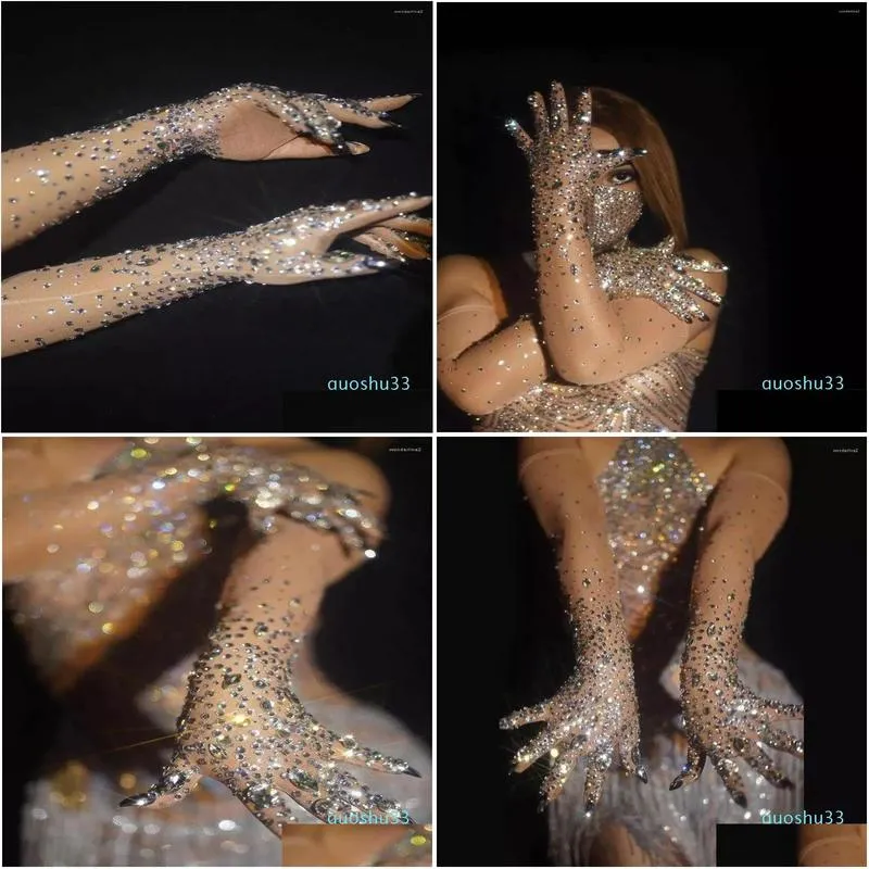 five fingers gloves women sparkly crystal mesh long dancer singer nightclub dance stage show accessories luxurious stretch rhinestones