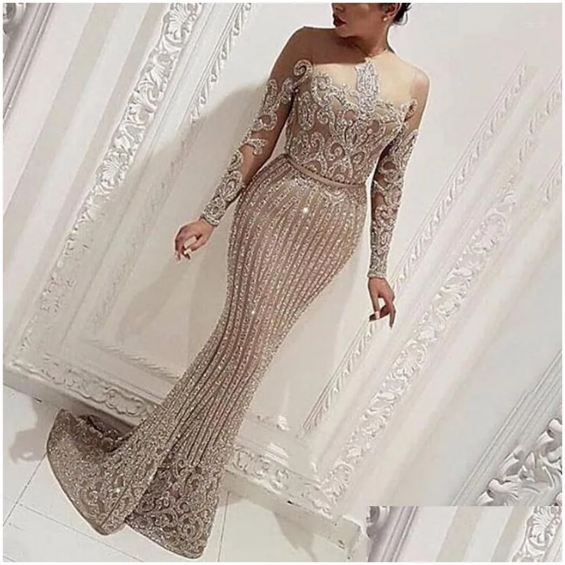 Basic & Casual Dresses Casual Dresses 2023 Woman Vintage Formal Dress Y O-Neck Sequins Gowns Hollow Long Sleeve Applique Elegant Merma Dh41S