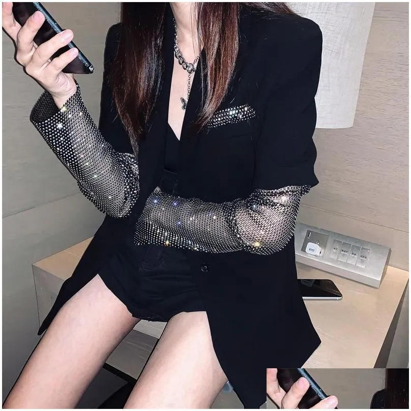 Women`S Suits & Blazers Womens Suits Blazers Fashion Autumn Black Blazer For Women Long Sleeve Diamond Work Elegant Coat Female Clothi Dhb5R