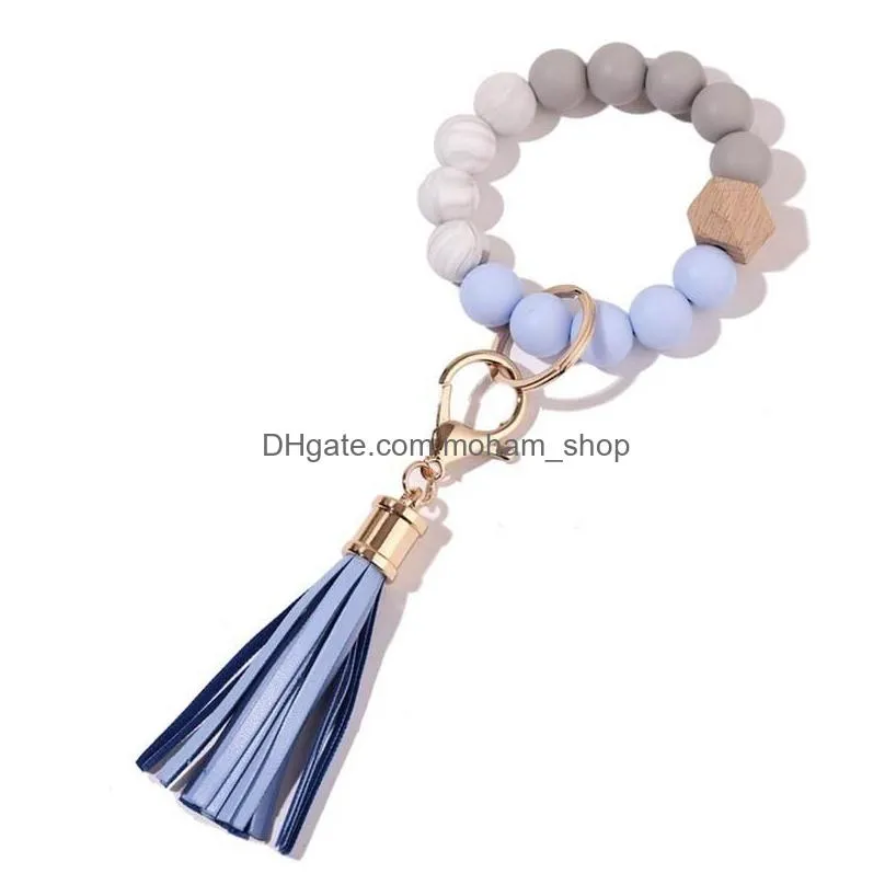 party favor party silicone wooden beads keychain suede tassel bracelet keyring anti-lost bangle key ring for home wood beaded crafts car decoration pendant