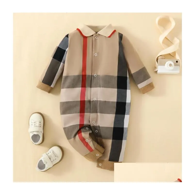 Spring Autumn Baby Brand Rompers Kids Long Sleeve Plaid Jumpsuits Toddler Turn-Down Collar Onesies Newborn Romper Infant Clothing