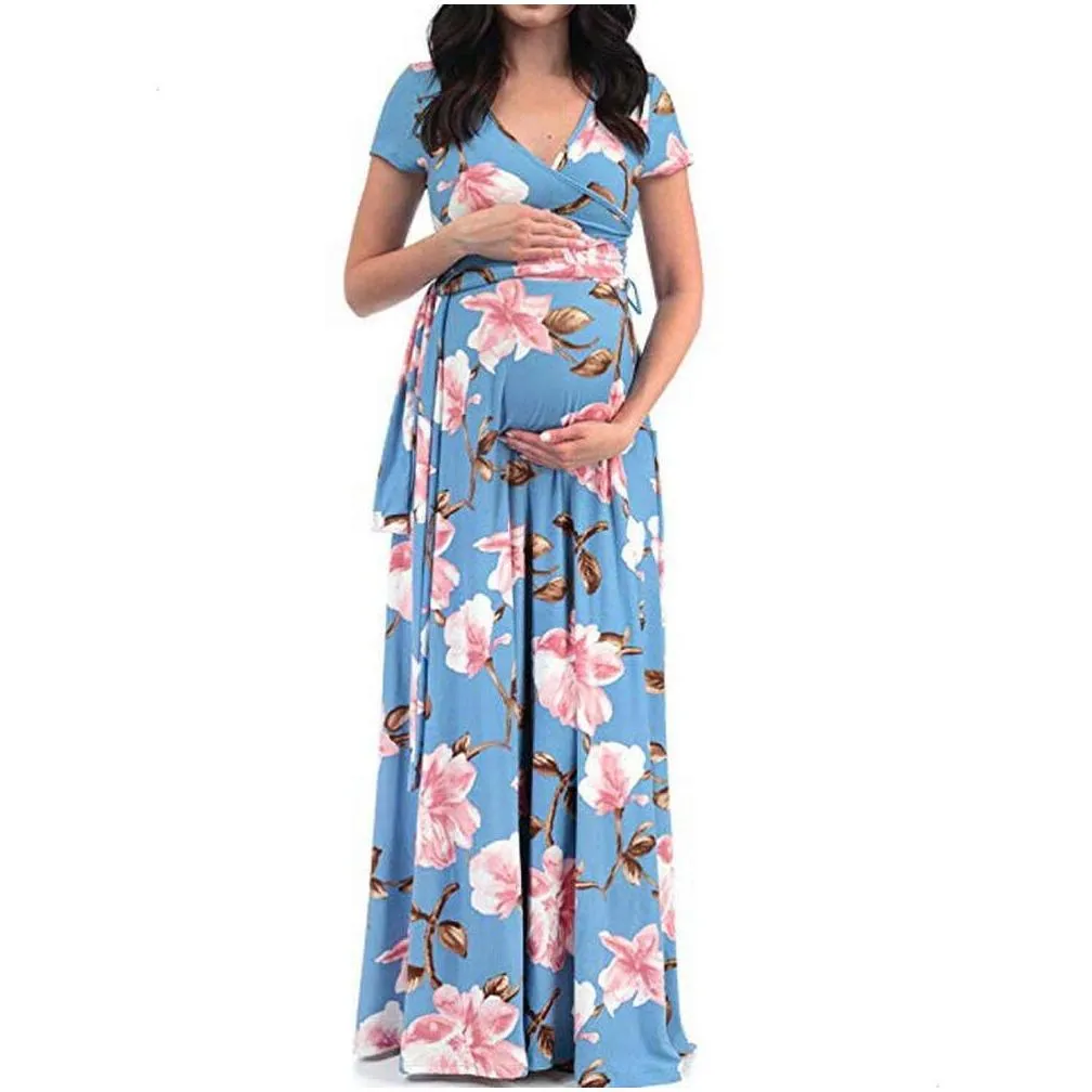 Loyisvidion Womens Dresses Clearance Plus Size V-neck Short-sleeved Belt Printed Maternity Dress for Women Blue M