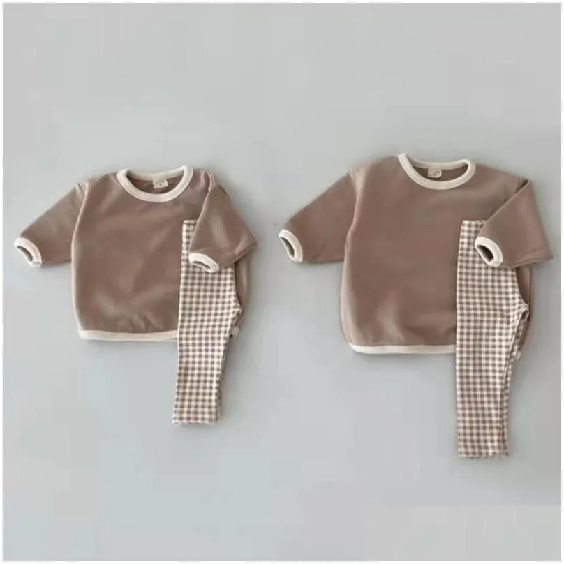 Clothing Sets Clothing Sets Infant Toddler Long Sleeve Clothes Set Baby Boy Girls Cotton Casual Sweatshirt Plaid Leggings 2Pcs Solid C Dhrzy