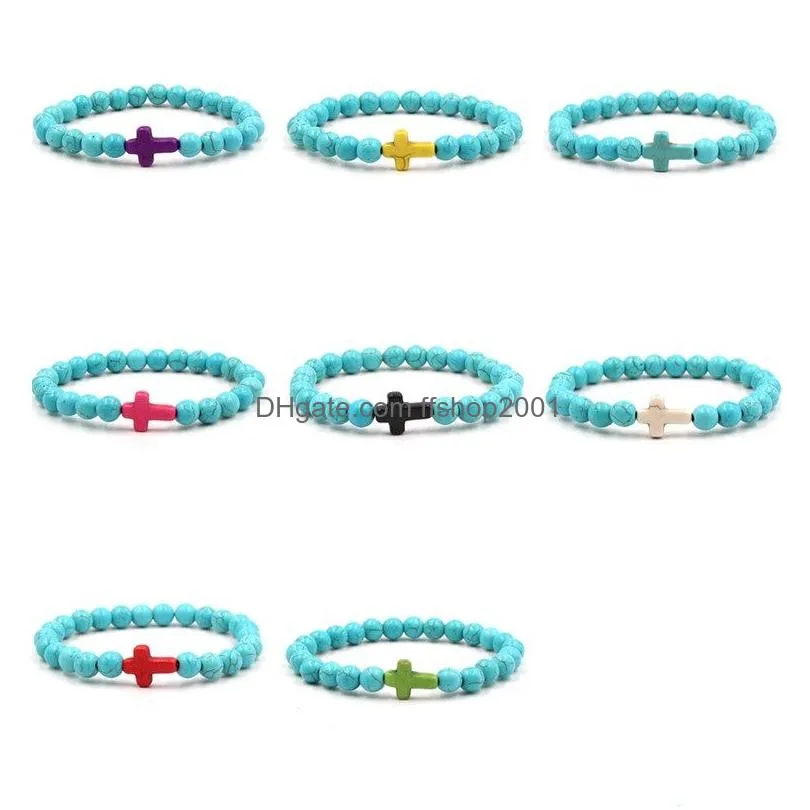 8mm black matte turquoise beads bracelet bangles cross charm blue beaded men bracelets for women yoga jewelry