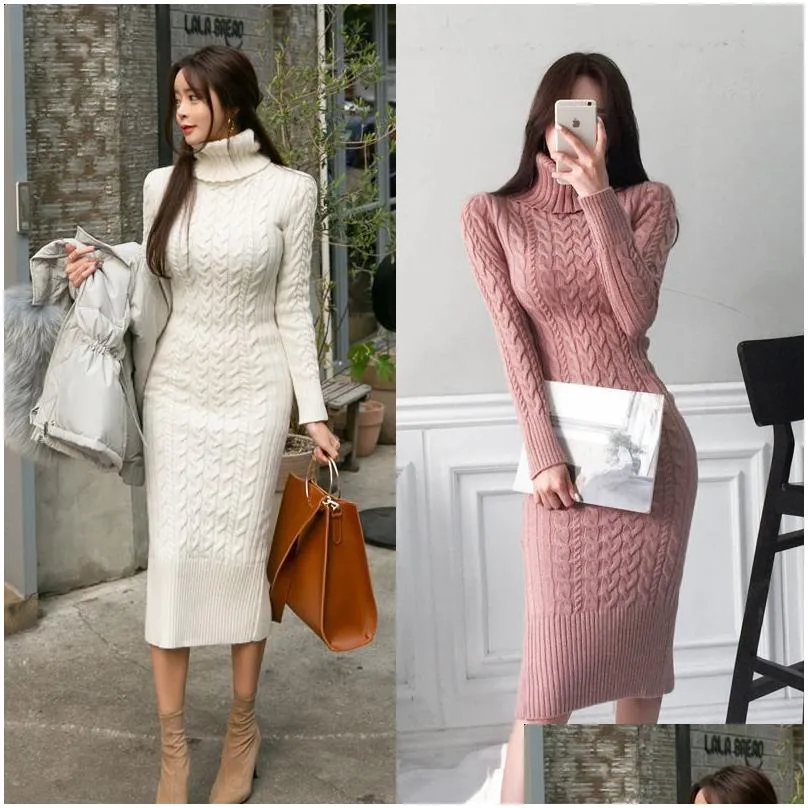 Basic & Casual Dresses Womens Sweater Dress Elegant Autumn Winter Y Slim Bodycon Dresses Turtleneck Solid Color Thick Warm Knit Plover Dhkvc