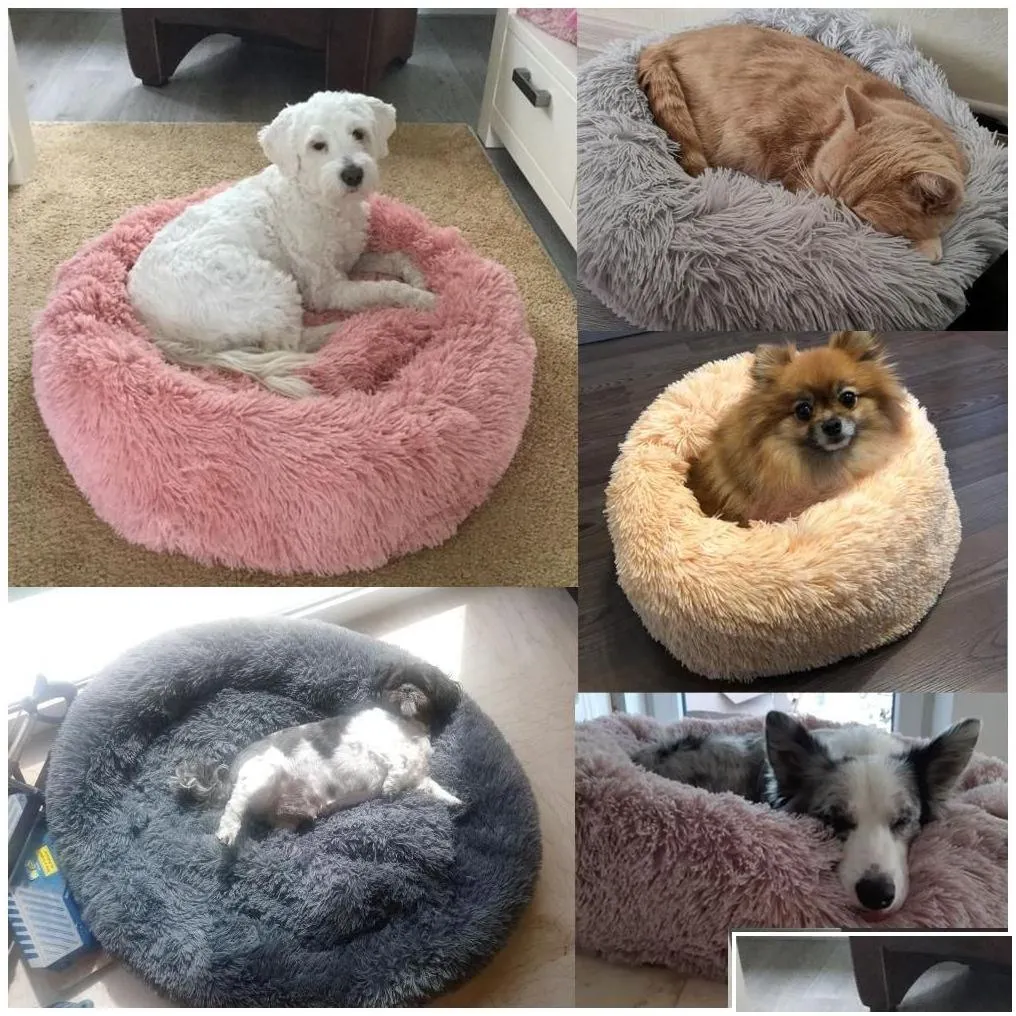 Kennels Pens Warm Fleece Kennel Soft Round Dog Bed Winter Cat Slee Mat Sofa Puppy Small Dogs Cushion House For Pet Y200330 Drop Delive