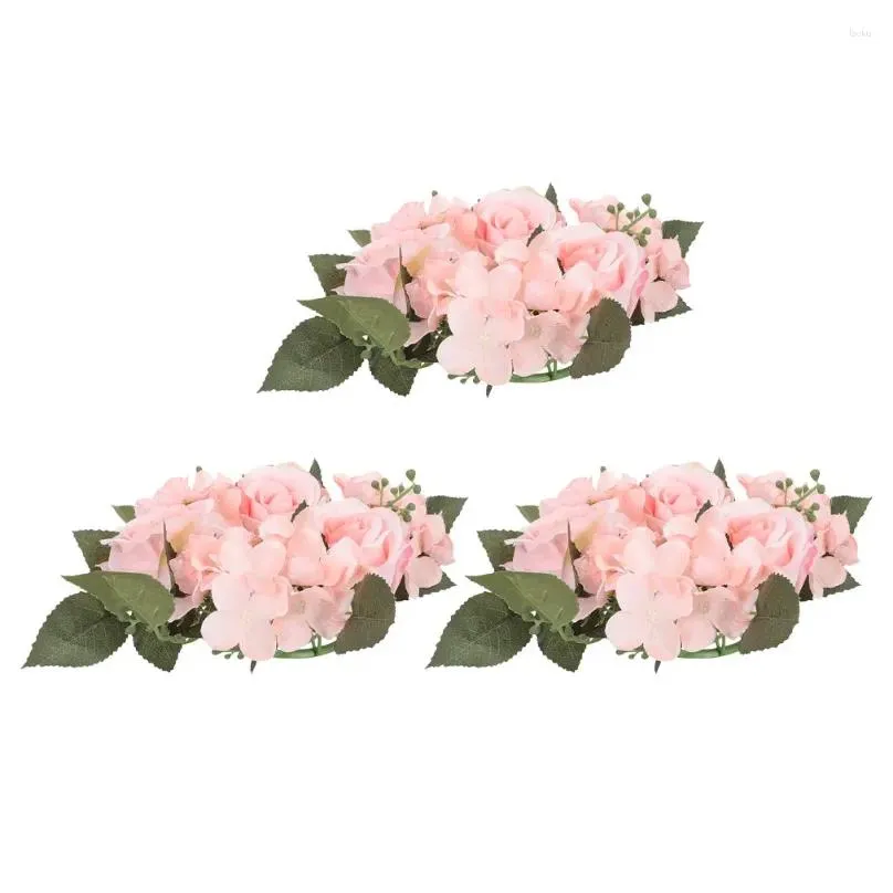 Decorative Flowers Artificial Rose Flower Candle Rings Floral Wreaths Pillar Holder For Christmas Wedding Party Table Decoration
