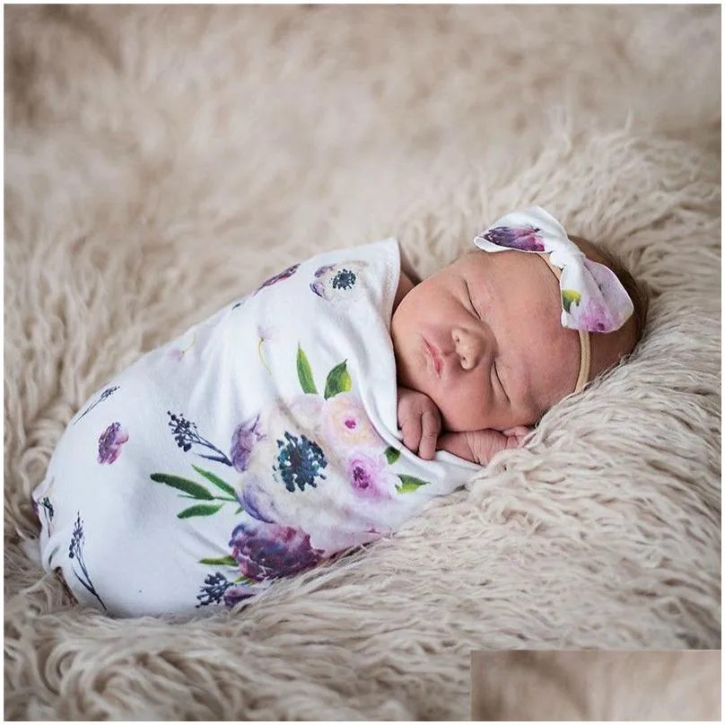 Baby Kids Headband Bow For Girl Nylon Blanket Swaddle Printed Sleep Sack Headband Set Newborn Kids Turban Accessoire Gift