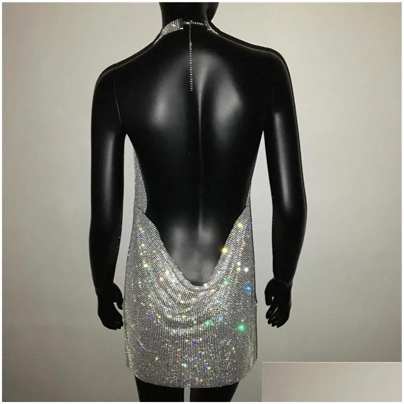 casual dresses sexy deep v neck crystal dress women luxury rhinestone halter dance party diamante backless split mini