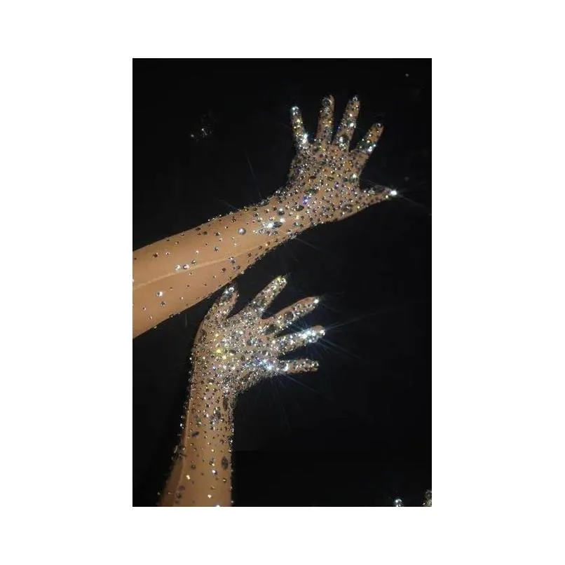 five fingers gloves women sparkly crystal mesh long dancer singer nightclub dance stage show accessories luxurious stretch rhinestones