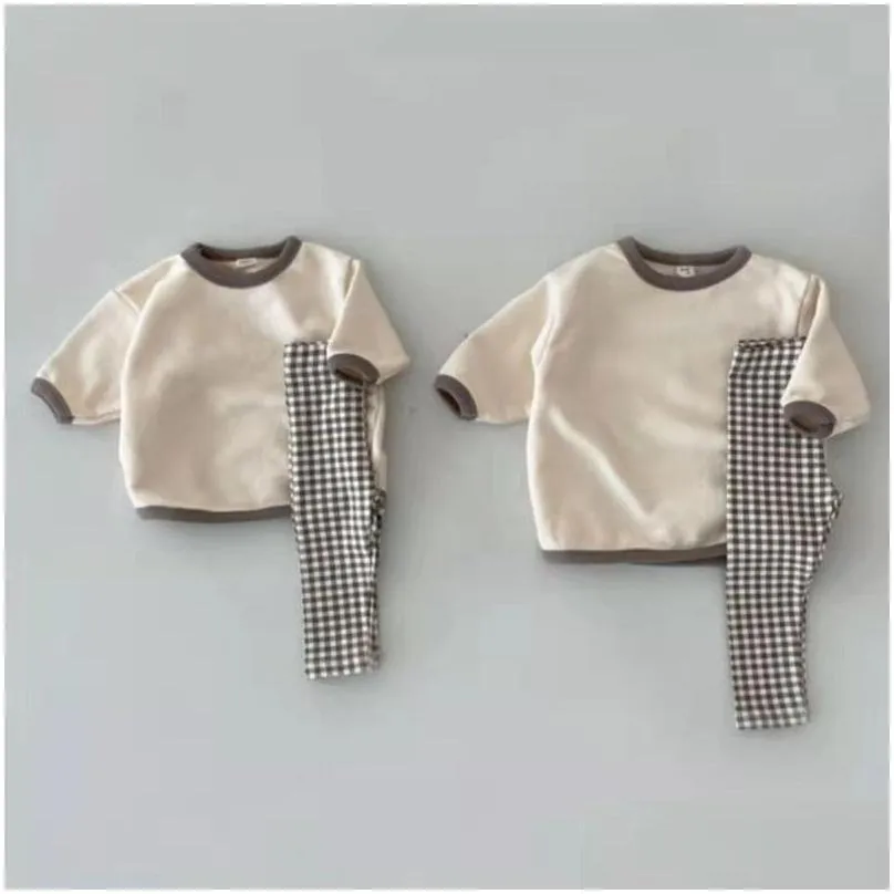 Clothing Sets Clothing Sets Infant Toddler Long Sleeve Clothes Set Baby Boy Girls Cotton Casual Sweatshirt Plaid Leggings 2Pcs Solid C Dhrzy