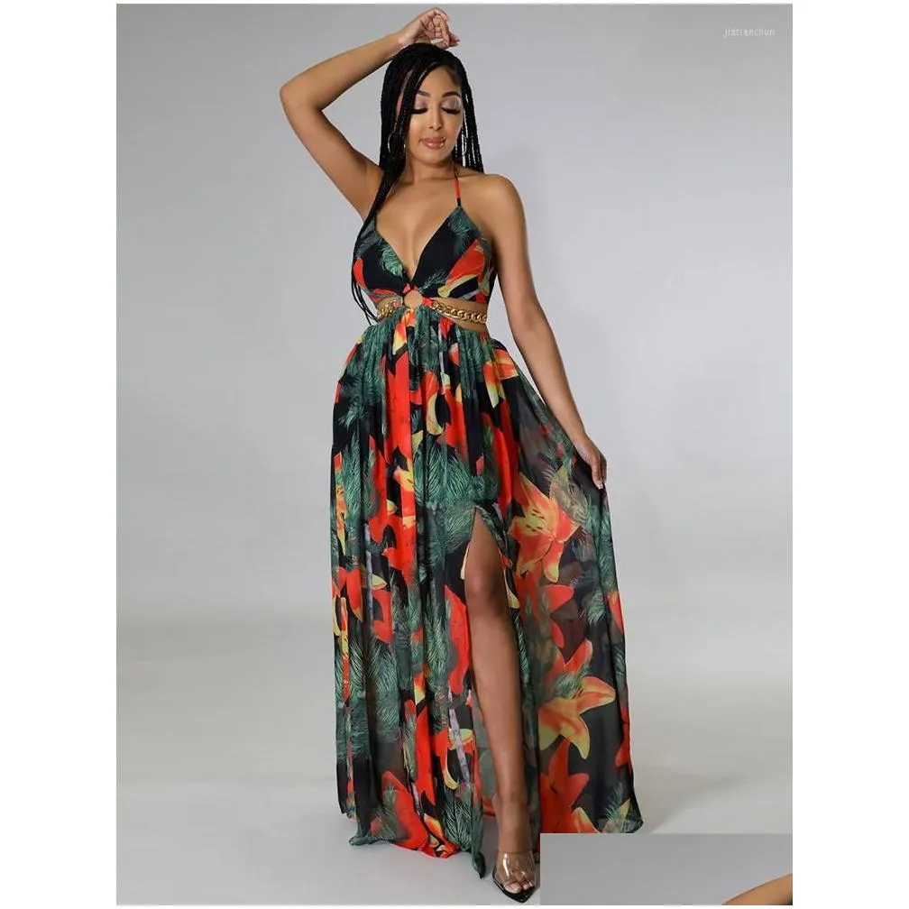 casual dresses floral print boho maxi for women 2022 summer halter backless high split holiday dress sexy cut out vacation clothes
