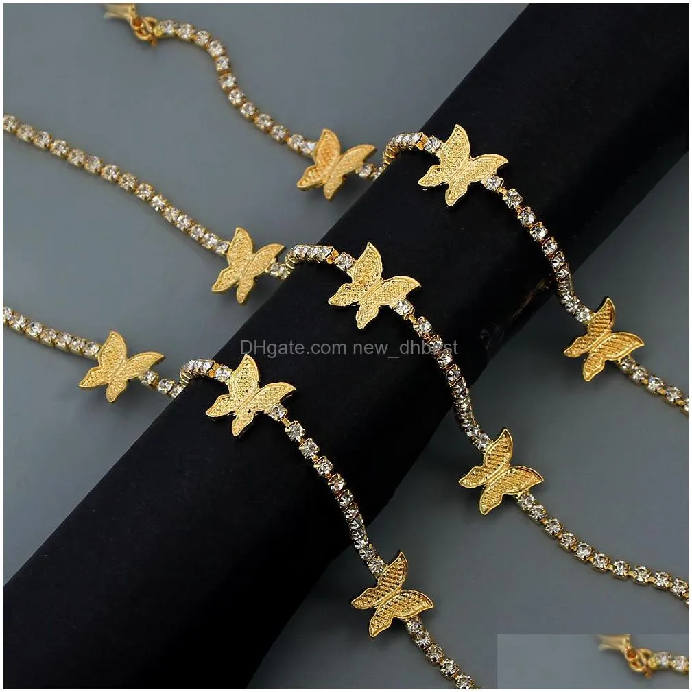 Anklets Trendy Shining Cute Butterfly Crystal Tennis Anklet For Women Gold Sier Color Boho Sandals Rhinestone Foot Ankle Chain Jewelry Dhbkd