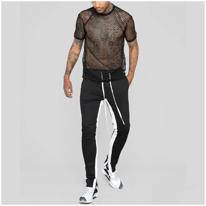 Men`S T-Shirts Mens Transparent Y Mesh T Shirt 2022 New See Through Fishnet Long Sleeve Muscle Undershirts Nightclub Party Perform Top Dhmlp
