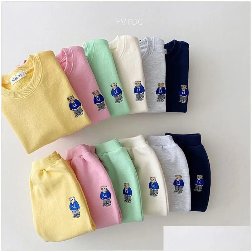 Clothing Sets Korea Toddler Outfits Baby Boy Tracksuit Cute Bear Head Embroidery Sweatshirt Pants 2pcs Sport Suit Kids Girls Clothes Set