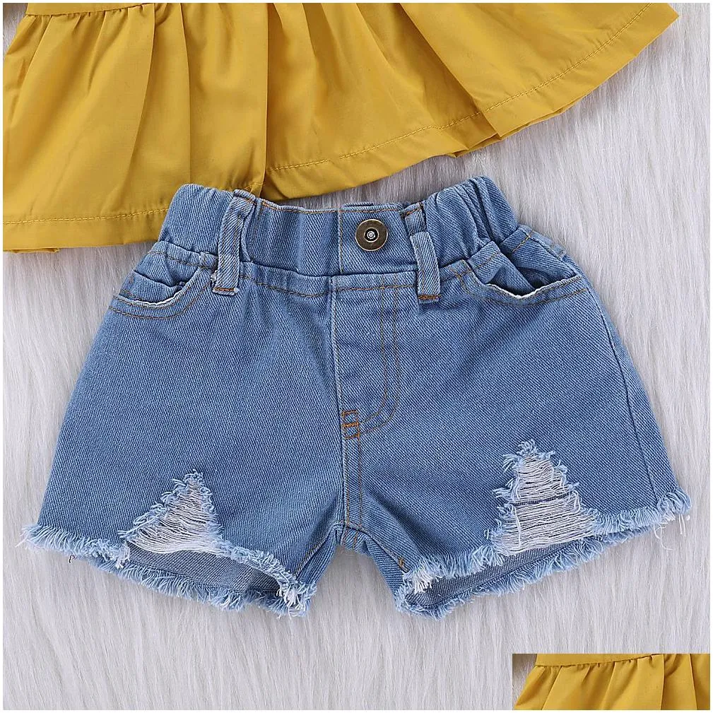 Baby girls outfits Yellow Flare Sleeve tops+Hole Denim shorts 2pcs/set 2019 summer fashion Boutique kids Clothing Sets B11