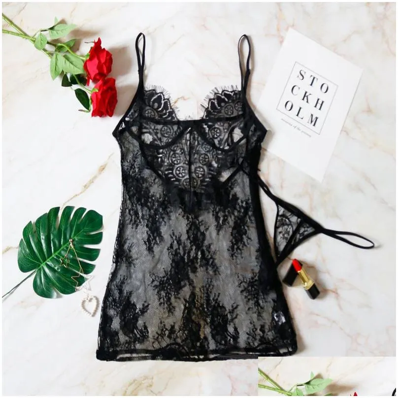 Basic & Casual Dresses Y Perspective Black Lace Dresses Women Summer Backless Spaghetti Strap Dress Night Club Party Wear With Thong P Dhyfo