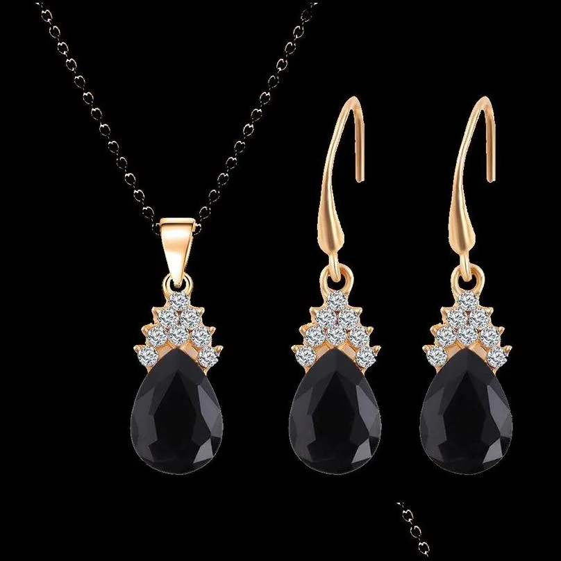 Earrings Necklace Crystal Diamond Water Drop Plated Gold Chain For Women Gift Fashion Wedding Jewelry Sets Delivery Dhsft