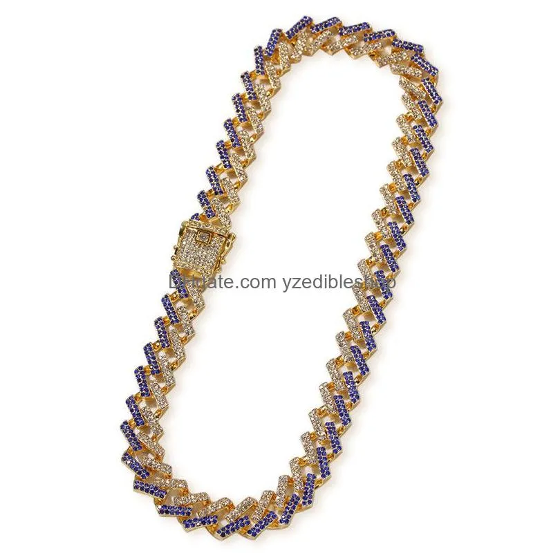15mm colorful diamond hip hop jewelry cuban link chain mens gold necklace designer chain for man iced out alloy chains blue black 3411