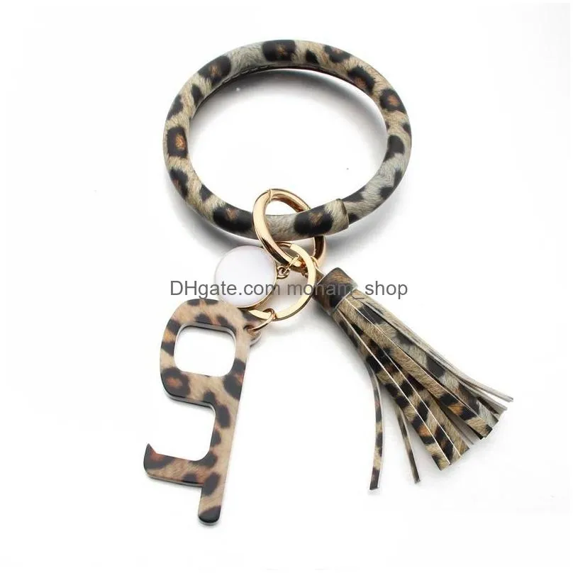 party favor pu leather keychain door opener fashion printing bracelet keyring anti contact press elevator cg001