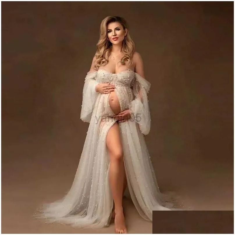 Maternity Dresses 2023 New pearl white Pregnant Photography Dresses Soft Mesh Beaded Elegant Maternity Dress Long Sleeve off shoulder Sexy Dress