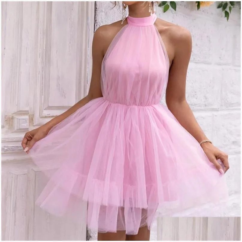 casual dresses ruffle flare layered short dress women y2k fairy halter backless mini sleeveless sexy open back v neck party