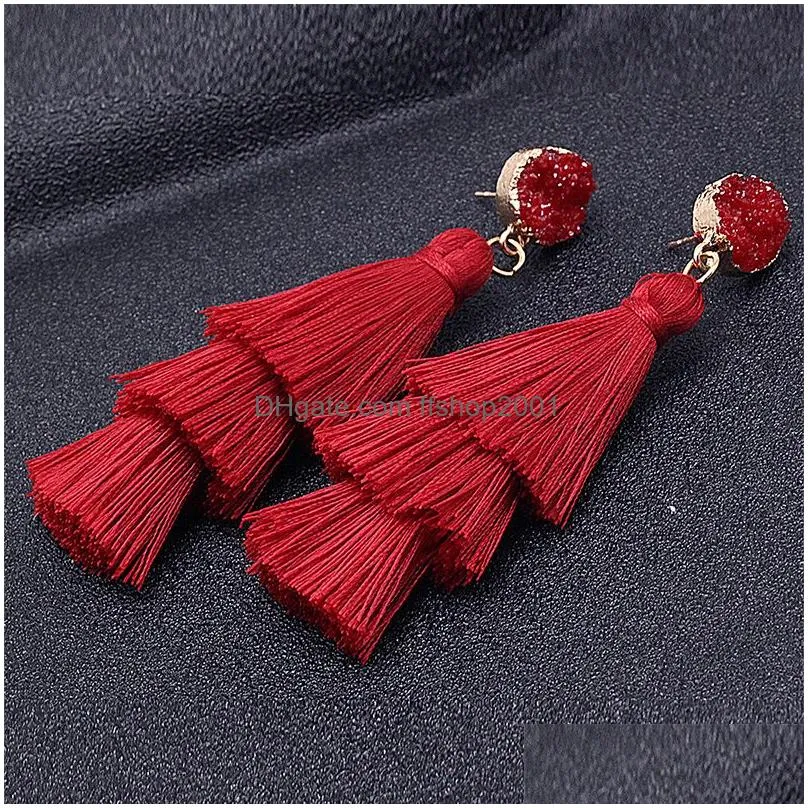 bohemia multilayer tassel druzy drusy earrings gold plated geometry faux natural stone resin dangle earrings for women jewelry