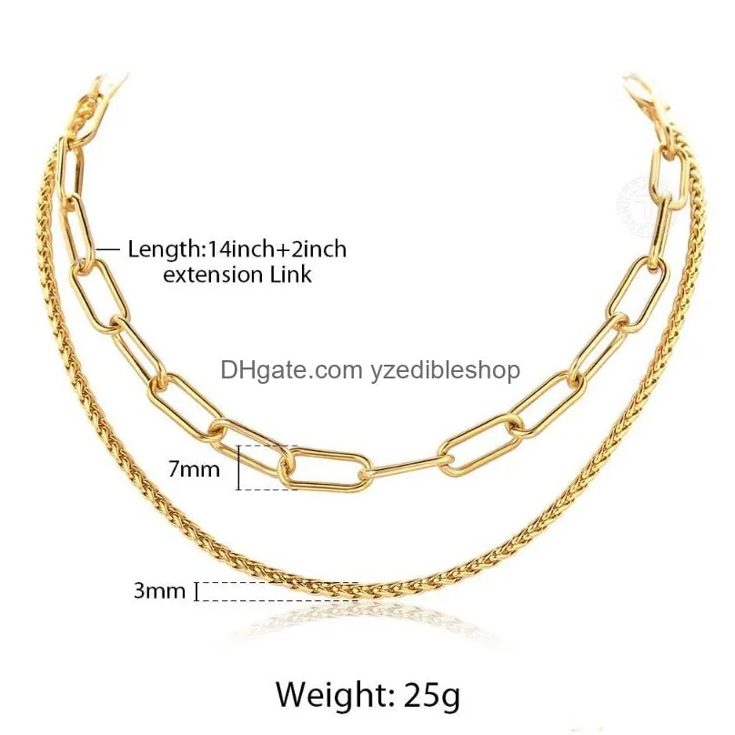 chic punk double layered choker necklace paperclip square wheat chain gold color stainless steel women minimalis jewelry dn203272j