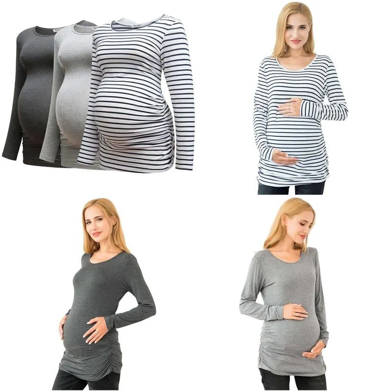 Bearsland Women`s Long Sleeve Maternity Tops Casual Side Ruched Clothes Pregnancy Shirts 3-pack,a-m