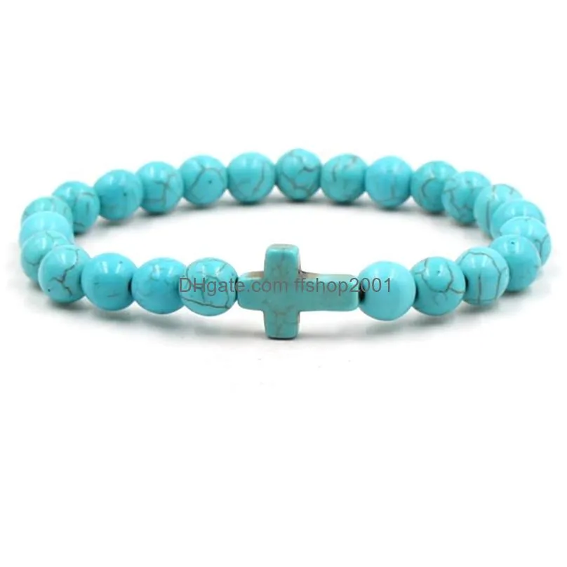 8mm black matte turquoise beads bracelet bangles cross charm blue beaded men bracelets for women yoga jewelry
