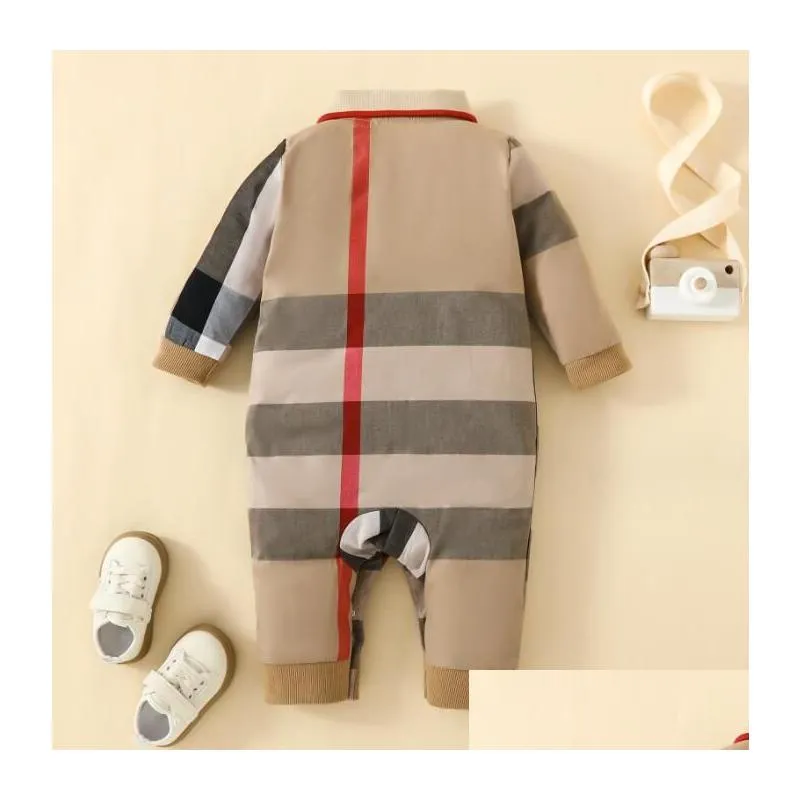 Spring Autumn Baby Brand Rompers Kids Long Sleeve Plaid Jumpsuits Toddler Turn-Down Collar Onesies Newborn Romper Infant Clothing