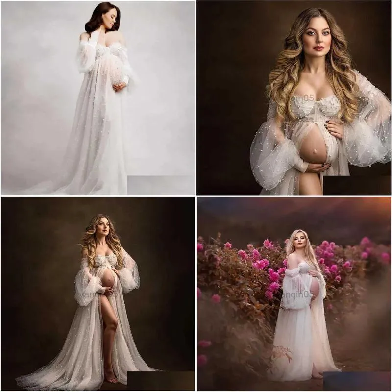 Maternity Dresses 2023 New pearl white Pregnant Photography Dresses Soft Mesh Beaded Elegant Maternity Dress Long Sleeve off shoulder Sexy Dress