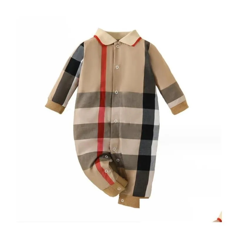 Spring Autumn Baby Brand Rompers Kids Long Sleeve Plaid Jumpsuits Toddler Turn-Down Collar Onesies Newborn Romper Infant Clothing